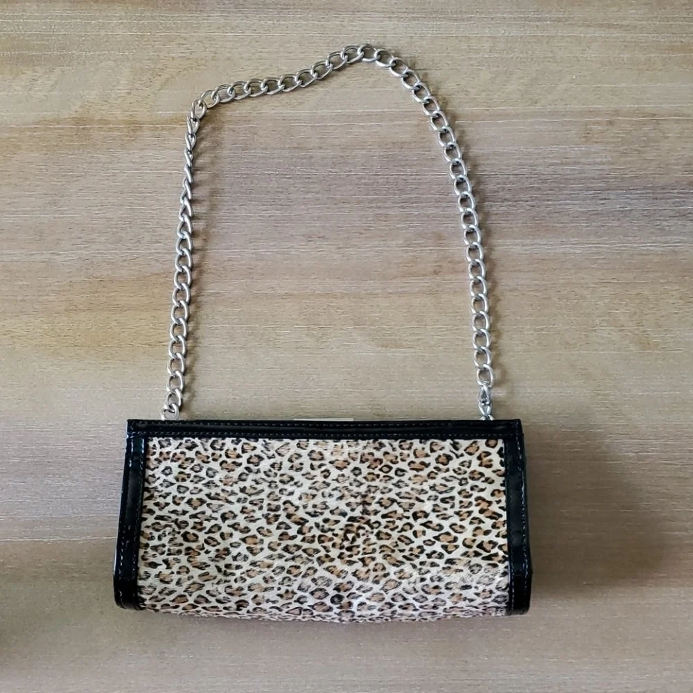 Vintage 90s Leopard Faux Fur Shoulder Bag Y2K Chain Strap Clutch